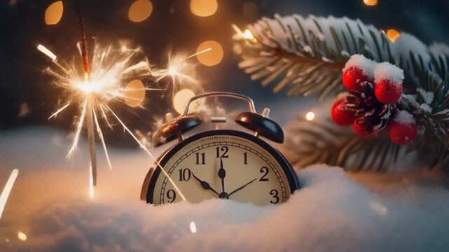 New years eve celebration with clock and fireworks