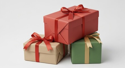 Obraz premium Stack of three presents wrapped in colored paper, tied with ribbon bows