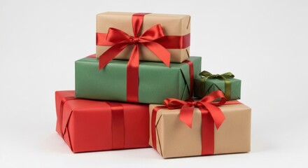 Obraz premium Stacked gifts wrapped in red, green, and brown paper with ribbon bows