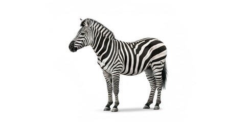 Naklejka premium Standing zebra, black and white stripes, facing left, isolated on white