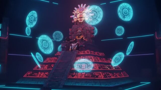 Futuristic Aztec Pyramid with Holographic Elements in a Neon-Lit Cyberpunk Scene
