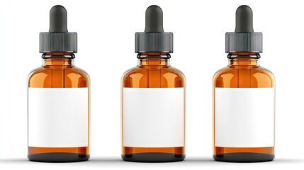 Three amber glass dropper bottles sit on a white background, beautifully lit by natural light from a nearby window, showcasing their blank label mockups for potential branding
