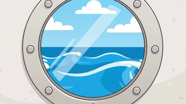 Cartoon Porthole Window View of Ocean Waves and Blue Sky