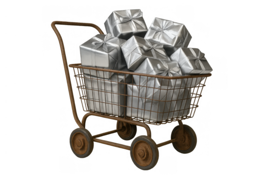 Shopping cart full of silver gift boxes, representing consumerism, holiday sales, and festive season discounts on a transparent background