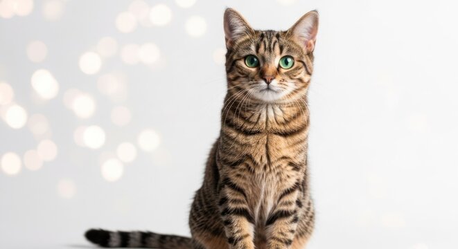 Striped tabby cat with green eyes sits, white backdrop, blurred lights behind