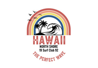 Vintage Hawaii theme text with palms, waves and birds vector illustrations. For t-shirt prints and other uses.
