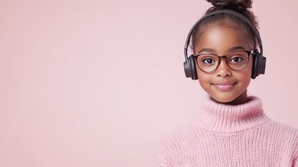 A joyful young African American woman wears a pink knitted sweater and headphones, smiling at a party against a pastel background, perfect for celebrating and spreading cheer