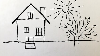 Simple drawing of a house with a tree and the sun, rendered in black lines on white background.