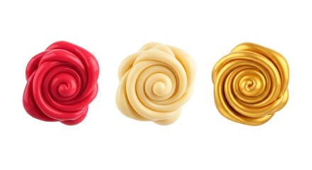 Three glossy, spiraled rose-shaped objects in red, cream, and gold on a white backdrop