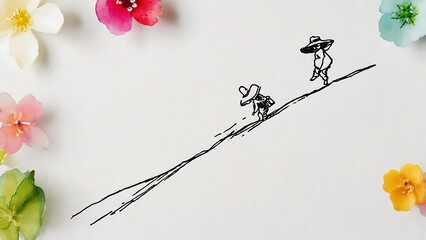 Whimsical journey: Two figures traverse a line amidst delicate floral accents, creating a charming and imaginative scene.