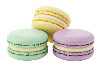 Isolated Colorful macarons, almond flour cookies, delicious confectionary, sweet French desserts
