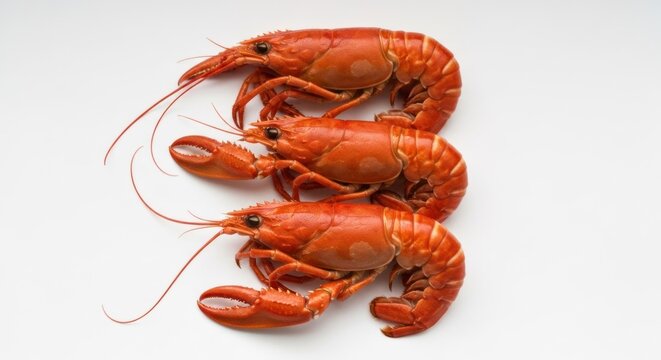 Three vibrant red langoustines stacked vertically on a plain white background