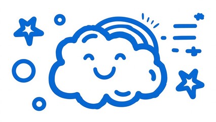 A whimsical illustration of a happy cloud with a rainbow, stars, and circles, evoking a sense of joy.