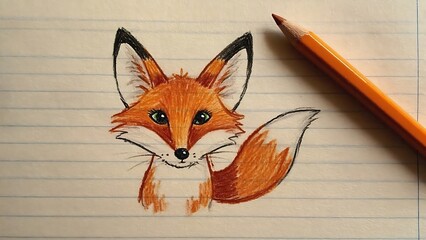 Charming fox illustration with an orange pencil on a lined paper background, creating a whimsical and artistic composition.