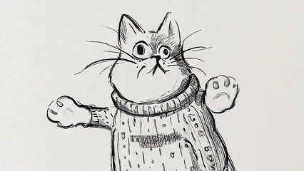 Whimsical feline friend dons a cozy sweater, rendered in charming monochrome sketch style.