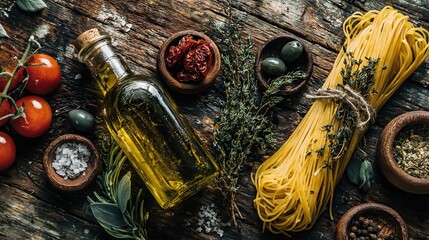 A Beautifully Arranged Display of Italian Pantry Staples Featuring Olive Oil, Fresh Herbs, Tomatoes, and Dried Pasta on a Rustic Wooden Table