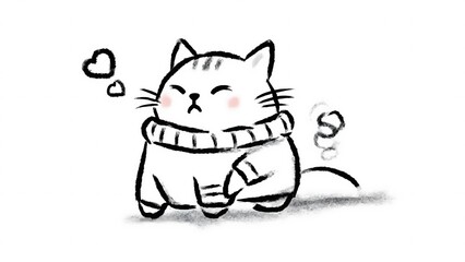 A cute cartoon cat wearing a sweater and thinking about love, drawn in simple black lines.