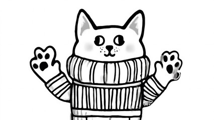 Cute cartoon cat wearing a sweater with paws up in a black and white illustration.