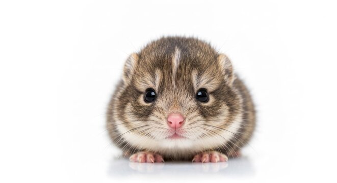 Tiny rodent with striped fur, large eyes, posed against a white background