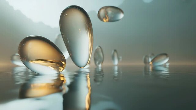 Transparent Liquid Droplets Floating On Water Surface With Reflections image photo