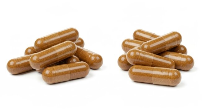 Two clusters of brown capsule pills against a white background