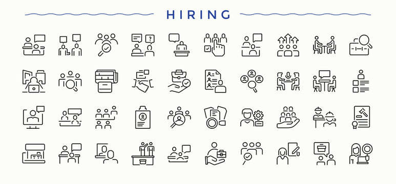 Set of Hiring line icon. Pictograms of job, head, hunting, recruiting, professional and more. Modern linear icons. Job icon set. Vector illustration. Pixel perfect.
