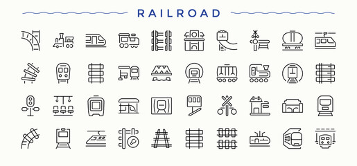 Railroad linear icon set. Vehicle sign and symbol. Set of line pictogram. Transport icon set. Editable stroke. Pixel Perfect.