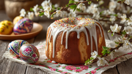 Obraz premium Tradycyjna babka świąteczna i dekoracje wielkanocne – inspiracje na Wielkanoc