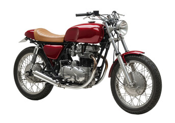 Isolated Cafe Racer style motorcycle in a studio setting with an air-cooled engine and tan seat