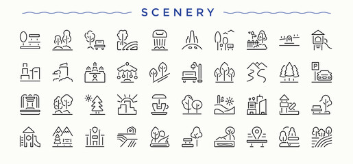 Scenery icon set. Modern vector illustration. Land icon set. Contains such icons as field, building, garden, hill, farm and more.