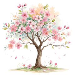 Obraz premium Beautiful watercolor painting of a blooming cherry blossom tree in spring