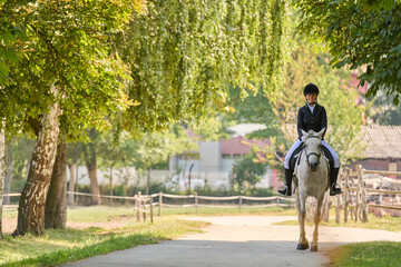 Woman riding a white horse on a path in a park, equestrian sport, horseback riding, outdoor...