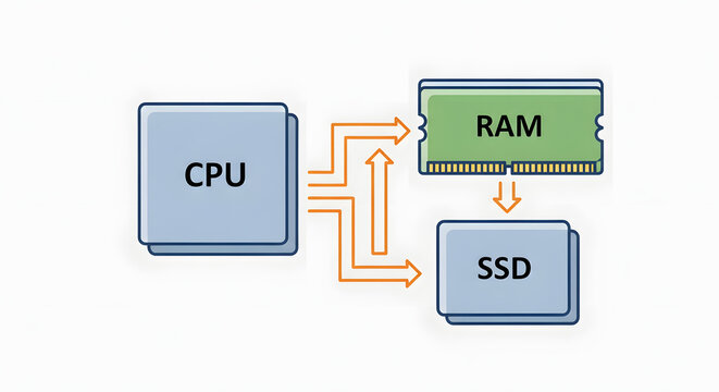 A diagram illustrating the connection between CPU, RAM, and SSD components in a computer system