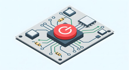 Isometric illustration of a modern electronic circuit board featuring a central red power button, symbolizing control, activation, and system management in technology