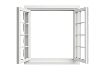 Open white casement window frame with glass panes offering views and ventilation for homes