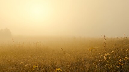 Mist over meadow at dawn, exuding tranquility and emotional reflection. Suitable for desktop wallpaper, meditation materials, nature promotion, lyrical graphics, healing and soothing style fitting nat