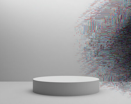 3d rendering white podium with abstract digital glitch noise texture for technology product display background - Powered by Adobe