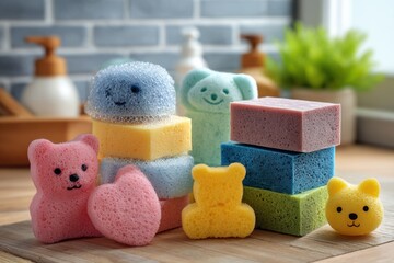 A Colorful Arrangement of Cute Bear and Heart-Shaped Sponges on a Kitchen Counter, Perfect for Fun Cleaning and Home Decor