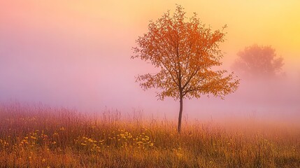 Mist over meadow at dawn, exuding tranquility and emotional reflection. Suitable for desktop wallpaper, meditation materials, nature promotion, lyrical graphics, healing and soothing style fitting nat