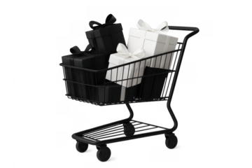Shopping cart full of black and white gift boxes and presents, representing sales, consumerism, and retail holidays