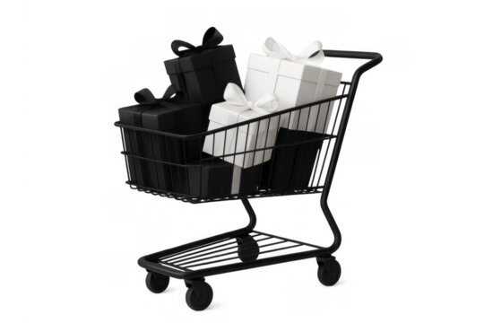 Shopping cart full of black and white gift boxes and presents, representing sales, consumerism, and retail holidays