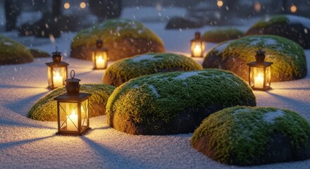 Mystical winter landscape with glowing lanterns and mossy rocks at night