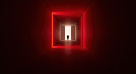 Silhouette of a Person Walking Down a Red Lit Corridor Towards Light Keywords: corridor, hallway