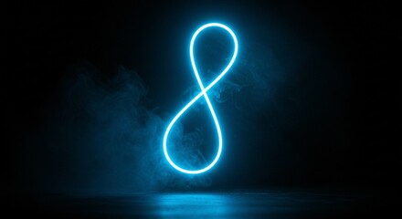 A glowing blue infinity symbol illuminates a dark, misty space, creating an ethereal and mysterious atmosphere