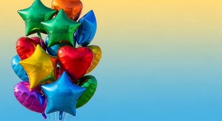 Festive cluster of multicolored helium balloons in heart and star shapes floating against a serene yellow and blue gradient background with copy space