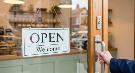 Excited customer's hand confidently pulls a modern silver handle, opening a welcoming glass door revealing a charming cafe with an "OPEN" sign ready for service
