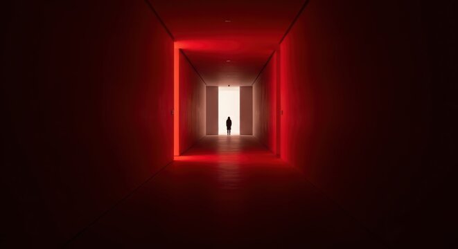 Silhouette of a Person Walking Down a Red Lit Corridor Towards Light Keywords: corridor, hallway
