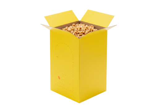 Isolated yellow cereal box filled with oat rings stands on its flaps with no background
