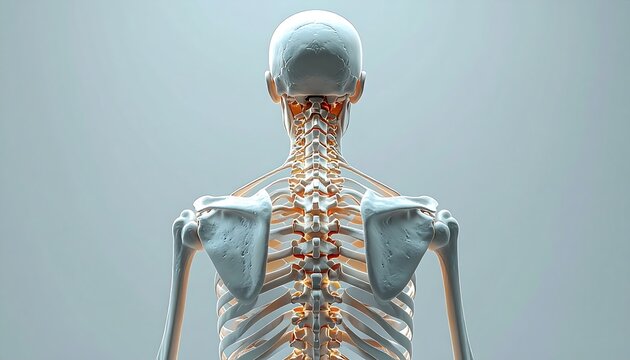 Human skeleton back view, illuminated, depicting spine and shoulder blades against a soft light grey background