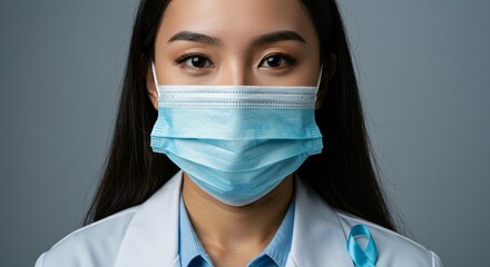 A closeup of an asian woman wearing a blue surgical mask and a white coat looking directly at the camera